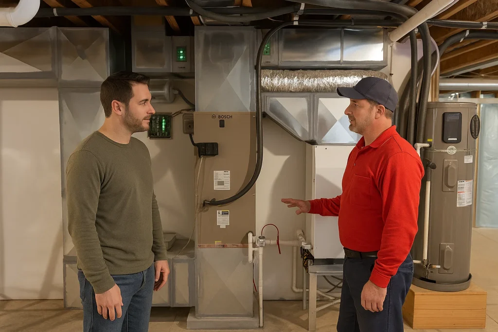 An HVAC technician explaining a whole home humidifier to homeowner