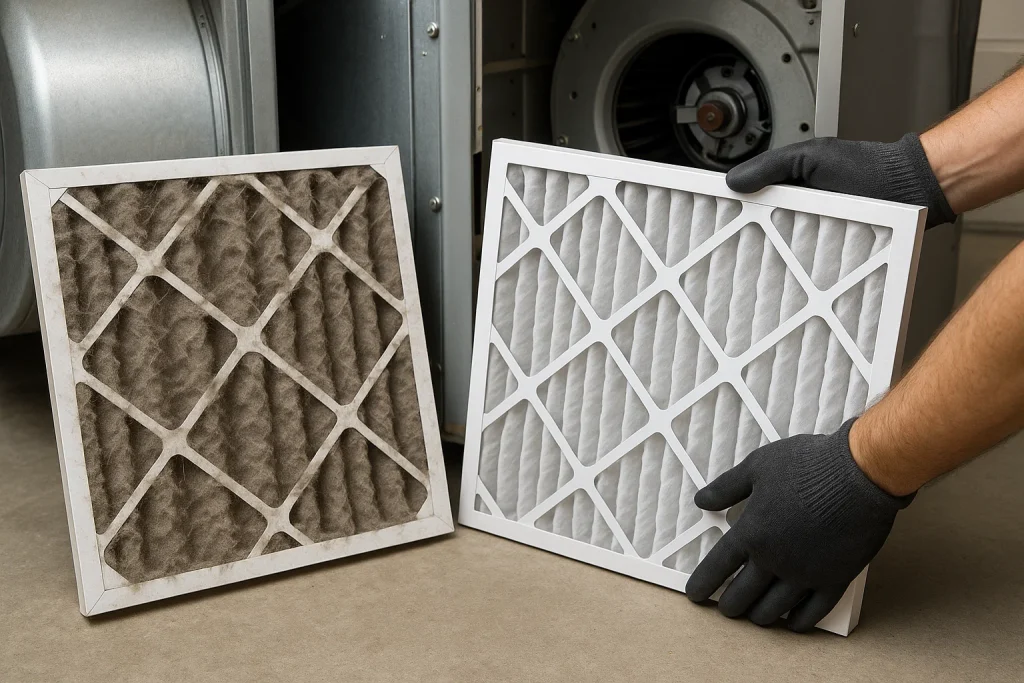 Technician replaces dusty HVAC air filter with clean filter to improve airflow